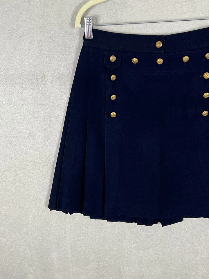 Ralph Lauren Vintage Pleated Skirt 8 Gold Buttons Navy Corset Tie Preppy Wool - Image 4 of 4