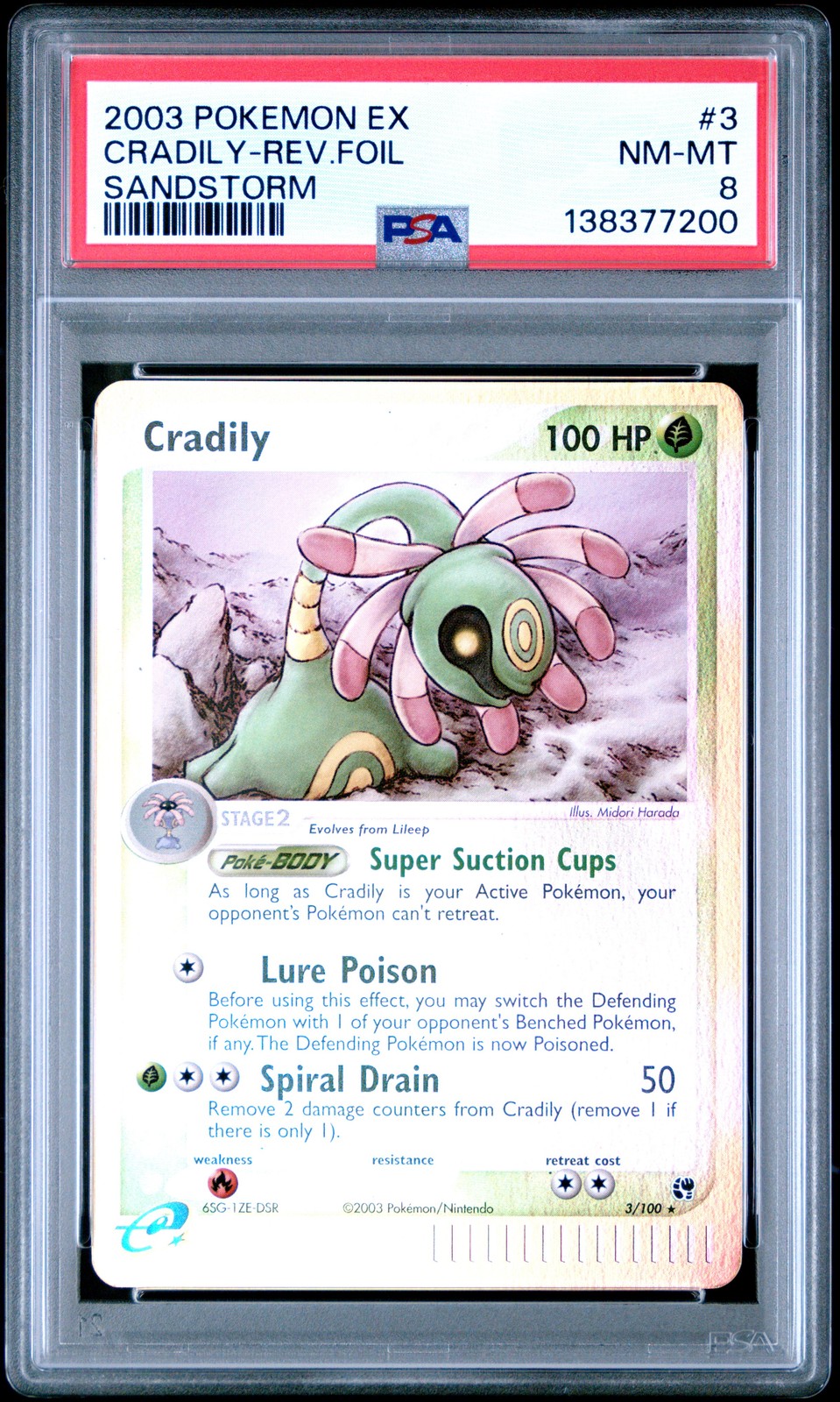 2003 POKEMON EX SANDSTORM #3 CRADILY-REVERSE FOIL PSA 8