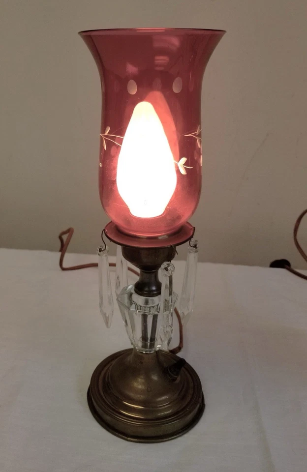 Pair Of Antique Cranberry Etched Hurricane Lamps With Dangling Faceted Crystals - Image 3 of 4