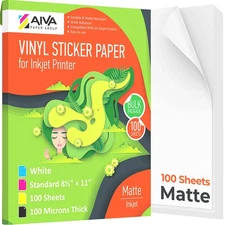 Printable Vinyl Sticker Paper for Inkjet Printer - Matte White - 100 Self-Adh...