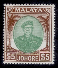 MALAYSIA - Johore GVI SG147, $5 green & brown, NH MINT. Cat £50.