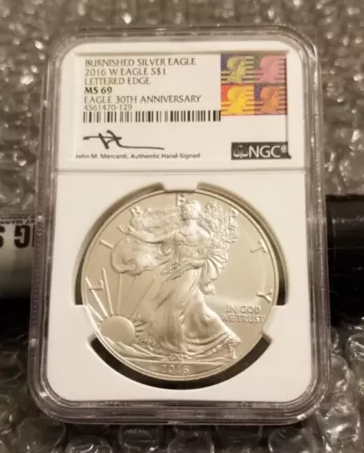 NGC 2016 W Eagle S$1 MS69 Burnished Silver Eagle Lettered Edge .999 Fine Silver