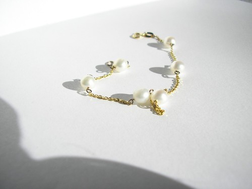 Bracciale Oro Giallo 14K Sei Perle Filo Catena 7" pollici 2 grammi Designer GS - Foto 7 di 17