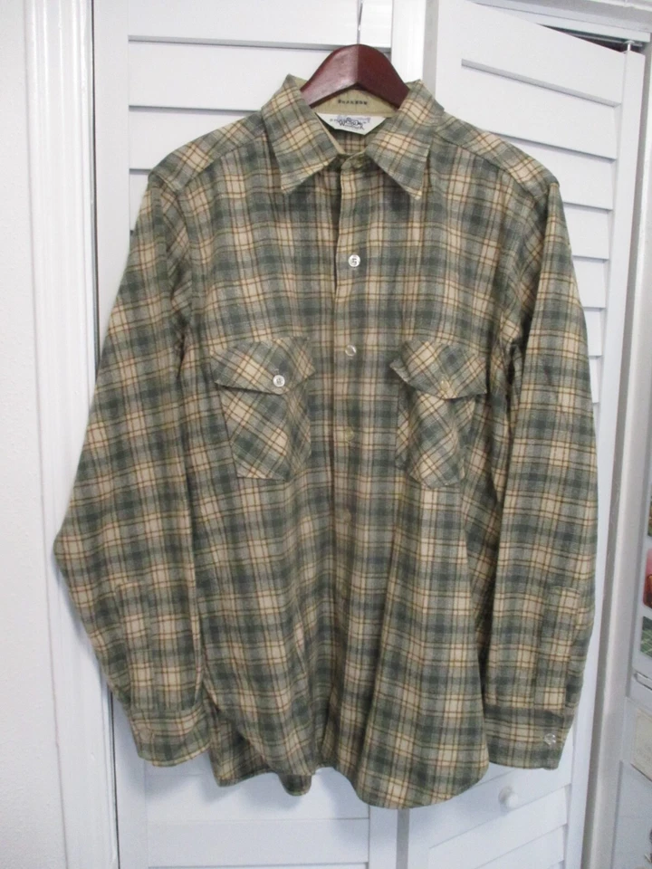 Woolrich vintage 70s beige green brown tartan plaid button pocket shirt XL - Image 2 of 4