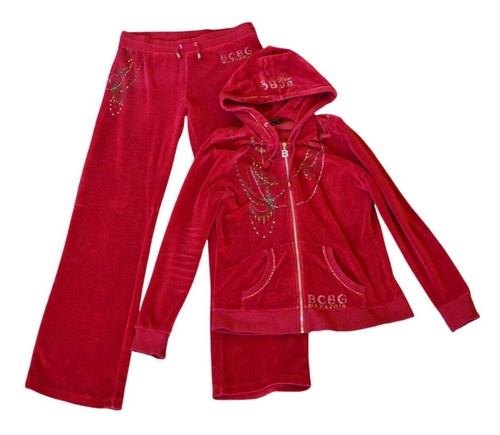 y2k Vintage BCBG Max Azria Red Velour Rhinestone Logo Tracksuit Set L Bedazzled
