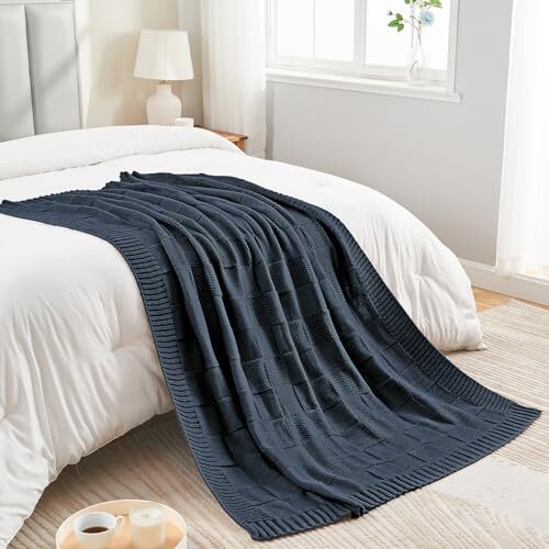 Knit Throw Blanket,Navy Blue Checkered Throw Blanket for 60"X80