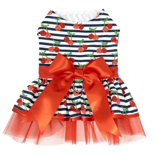 Vestido de cereza y rayas para perro con correa a juego XS-S-M-L-XL - Imagen 2 de 4