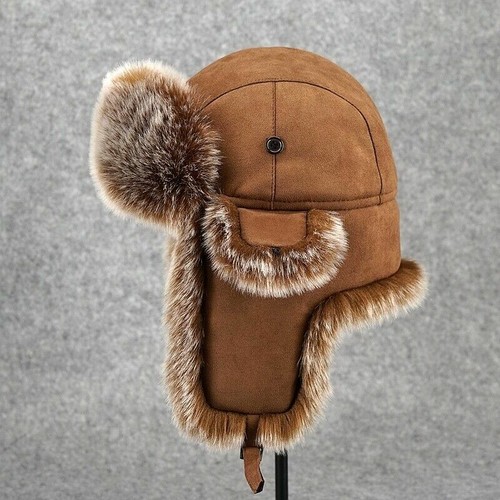 Men Winter Ushanka Russian Cossack Faux Fur Trapper Hats Suede Leather Warm Cap - Picture 10 of 10