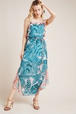 NWT Farm Rio Blue Green Ruffled Botanical Maxi Dress Anthropologie Large L $250