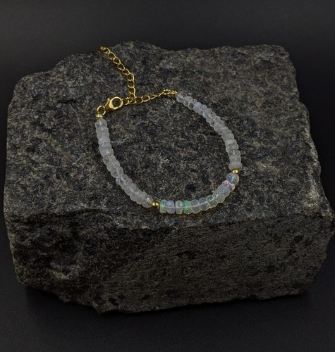 A++ Fire Opal & Aquamarine 2 Multi Faceted Rondelle Gemstone Beads Bracelet 6-8" - Picture 10 of 10