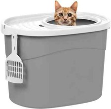 IRIS USA Cat Litter Box, Large Top Entry with Catching Lid Oval, Gray