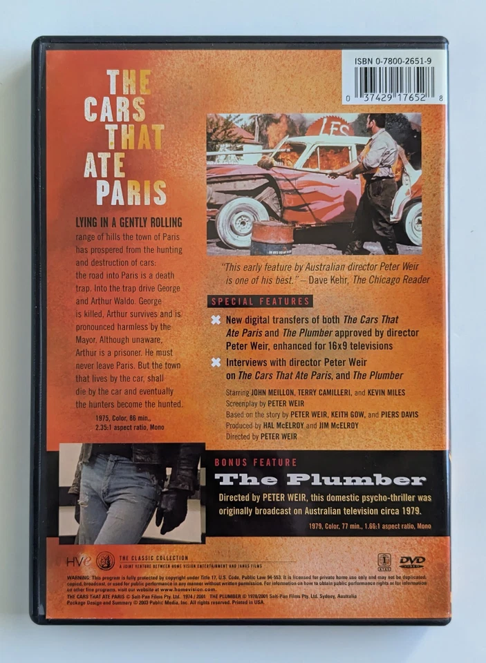 Janus Films (Criterion) - Peter Weir Cars That Ate Paris + The Plumber DVD OOP Foto 2 de 3