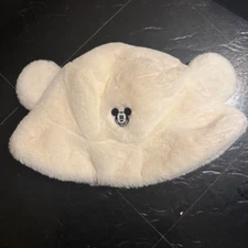 Tokyo Disney Resort Fluffy Bucket Hat White Mickey Ears Winter Cap JAPAN