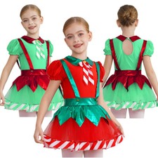 Girls Christmas Dance Clothes Figure Skating Dress Puff Sleeve Leotards Dress