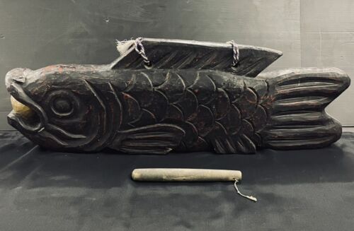 Old Japanese Big wooden Kaiban Drum Mokugyo Jizai kagi carp Fish Gyoban Buddhism