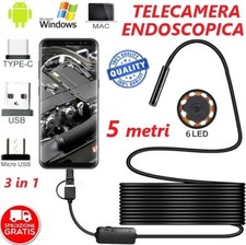 TELECAMERA ENDOSCOPICA 3 IN 1 SONDA ISPEZIONE 5 METRI USB TYPE C 6 LED 7mm IP67