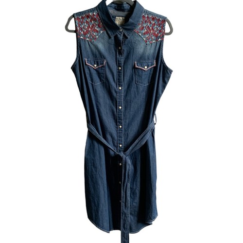 Panhandle Rough Stock Women's Shirt Dress LARGE Pearl Snaps Denim Western Aztec
