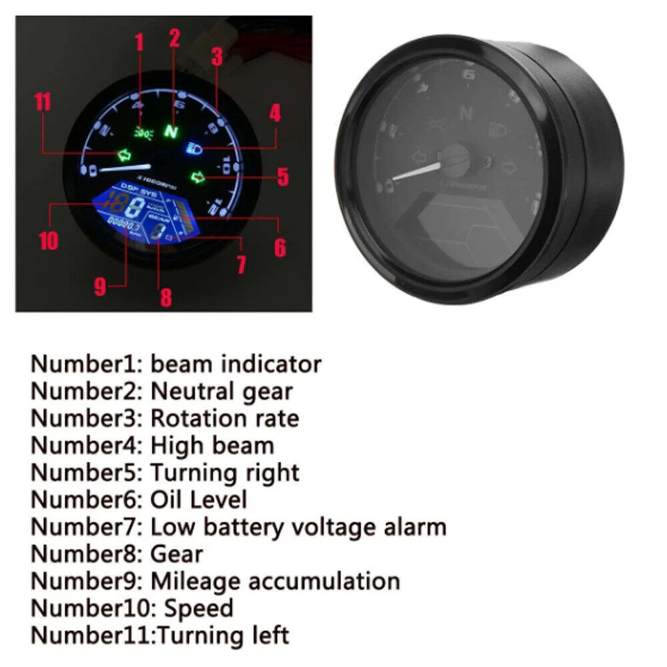 Universal Motorcycle LCD Digital Odometer Speedometer Tachometer 12000RPM Gauge - Image 4 of 4