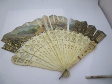 C 1835 Antique Fancy Carved Bone Hand Fan w/ Hand Painted Scene Needs Restored