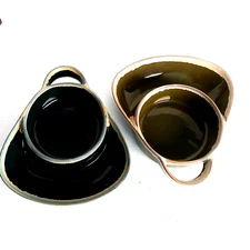 Set of 2 Soup Cracker Bowl Chip Dip Drip Pottery Glaze Stoneware Teal & Avocado