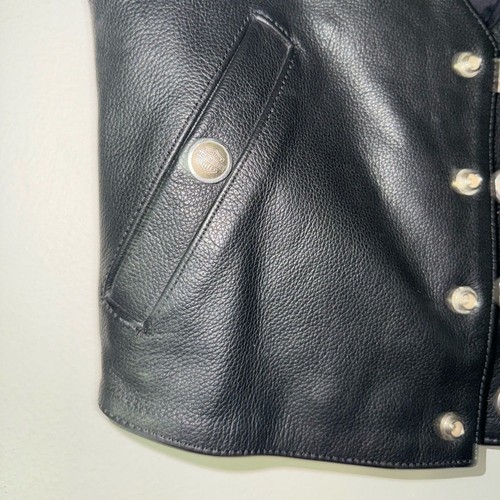 Harley Davidson Youth Black Leather Vest, Metal Engraved Snaps, Side Pockets, XS - Picture 3 of 8