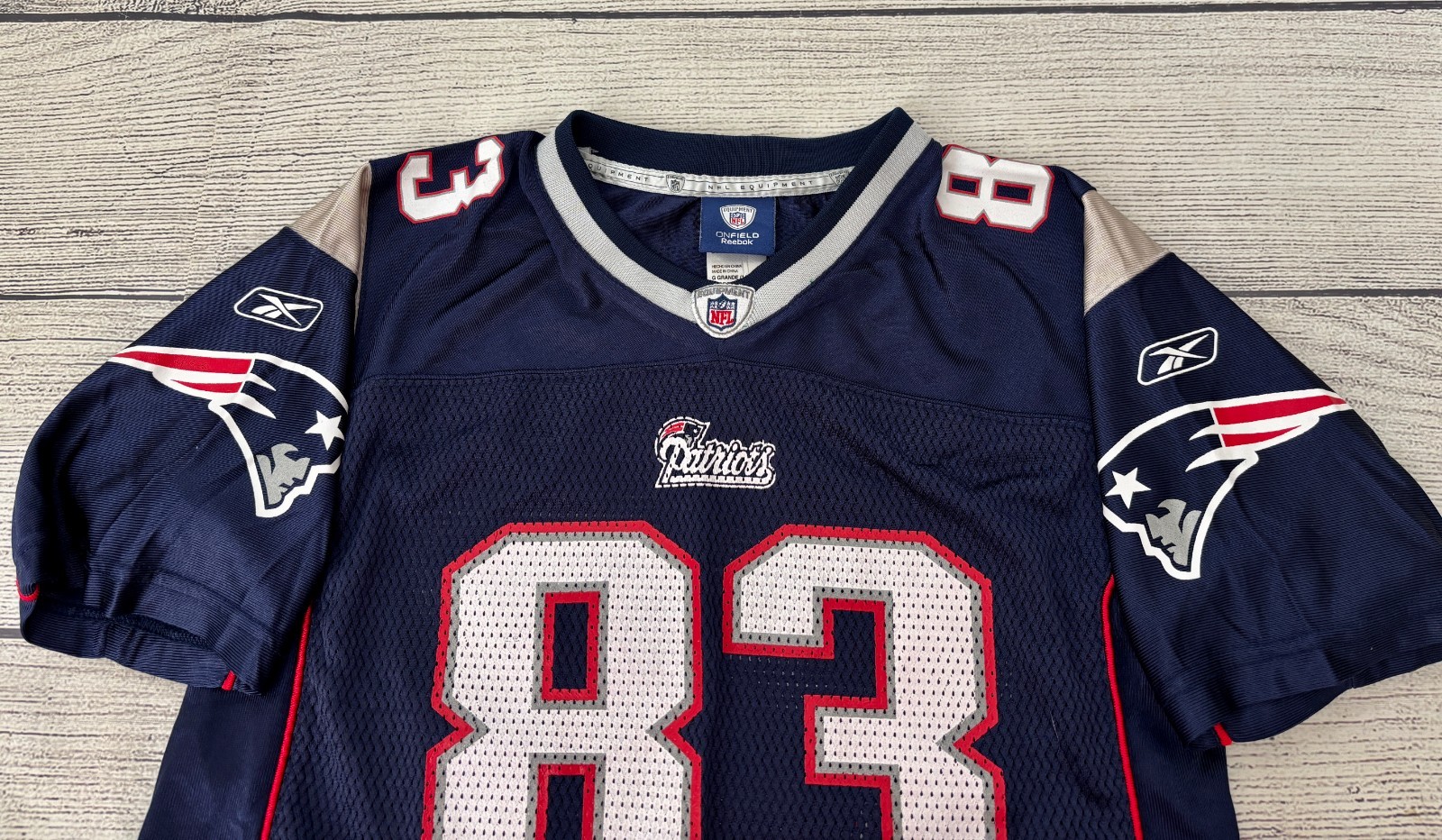 WES WELKER #83 NEW ENGLAND PATRIOTS Youth Large Reebok On Field NFL Home Jersey thumbnail 4