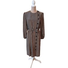 Vtg 80s Coras Closet MP Dress Tan Black Stripe Asymmetric Button Union Made