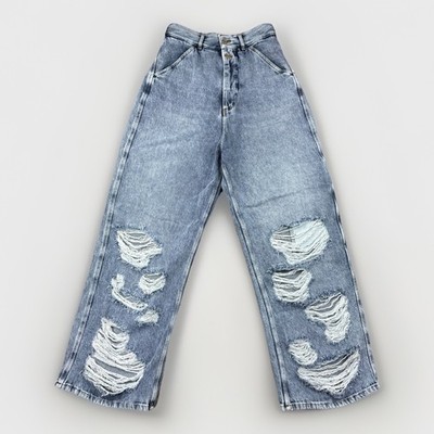 BY FAR D Denim Wide Trouser  Stone Wash Distressed Cotton Jeans Women s XS US 4
