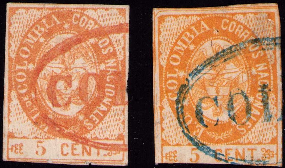 PANAMA - COLOMBIA - CLASSIC - TWO 5c STAMPS - COLON CANCELS - Sc 37 - 1865 RRR
