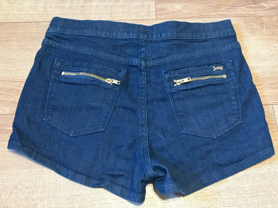 Juicy Couture Denim Mini Shorts Size S 8/10 Gold Button Up Zip Pockets & Logo - Image 4 of 4
