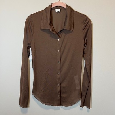 Wilfred Moscato Button Up Shirt Caramelized Walnut Brown Mesh Ribbed Top NWT M