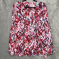 Logo Lori Goldstein XL Shirt Top Red Pink Abstract Long Sleeve Scoop Neck Sheer