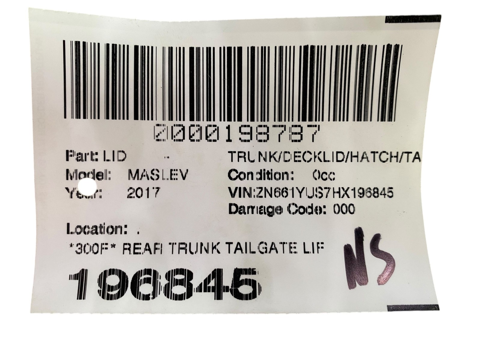 2017-2024 MASERATI LEVANTE M161 REAR TRUNK TAILGATE LIFTGATE HATCH LID (817/B)