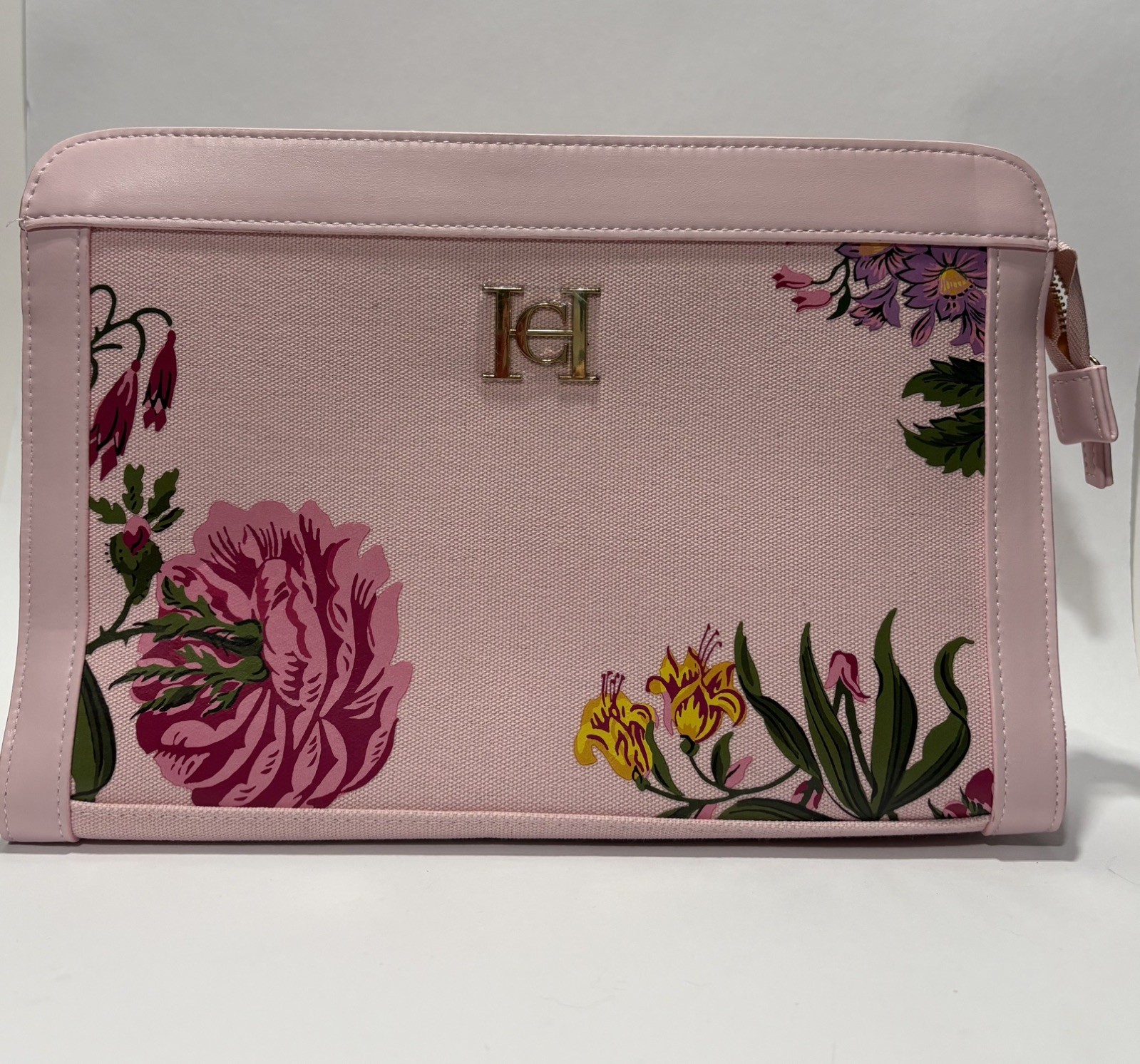 NWOT Carolina Herrera Fragrances Pink Floral Canvas Toiletry Clutch Bag Case