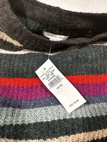 American Eagle Women's Knit Sweater Size XS Green, White Multi Stripe Pullover - Picture 3 of 4