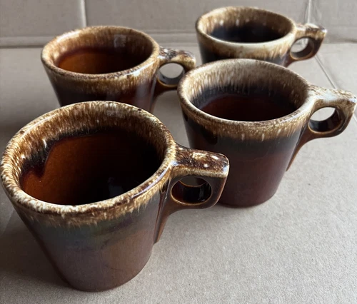 Vintage Hull Pottery Oven Proof USA Brown Drip Glaze Coffee Mugs Cups Lot of 4