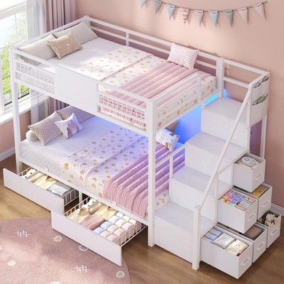 Bunk Bed Twin Over Twin with Stairs, LED Lights Twin Bunk Bed with 2 Storage