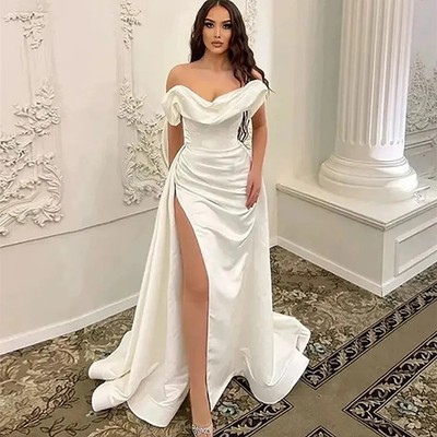 Elegant Satin Wedding Dresses Backless Off Shoulder High Split Civil Bridal Gown | eBay Elegant Satin Wedding Dresses Backless Off Shoulder High Split Civil Bridal Gown | eBay