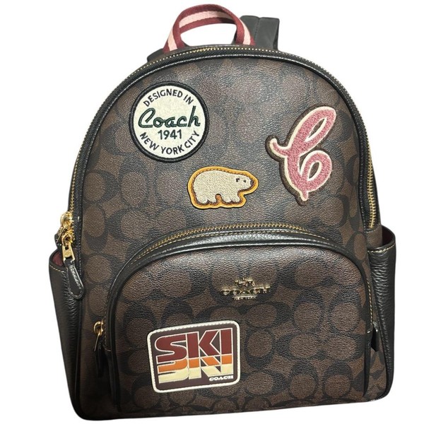 Coach Patch Design Leather Backpack Brown Zip Pocket Women's Rucksack