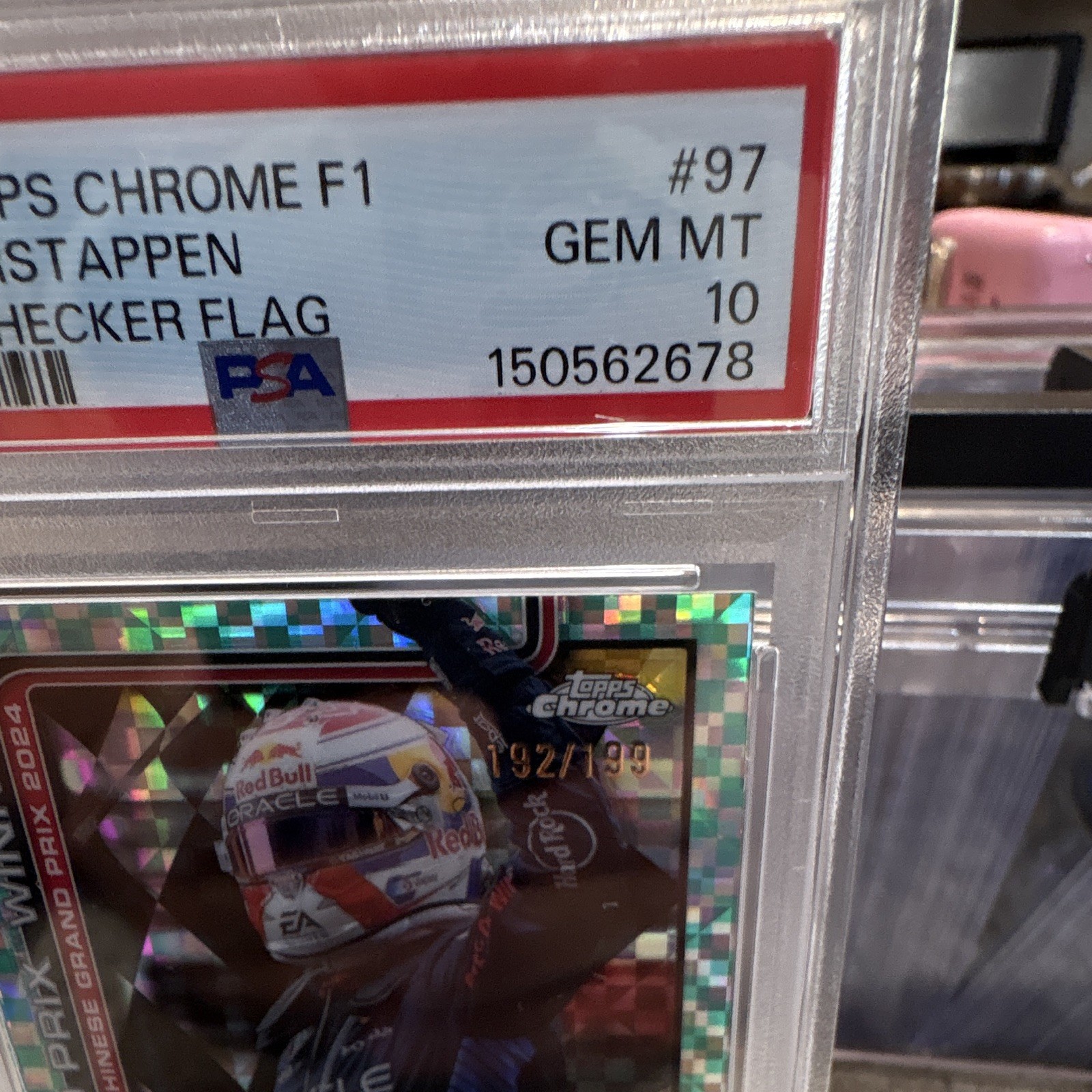 Topps 2025 Chrome F1 Max Verstappen #97 Aqua Checker Flag PSA 10 192/199 view 2