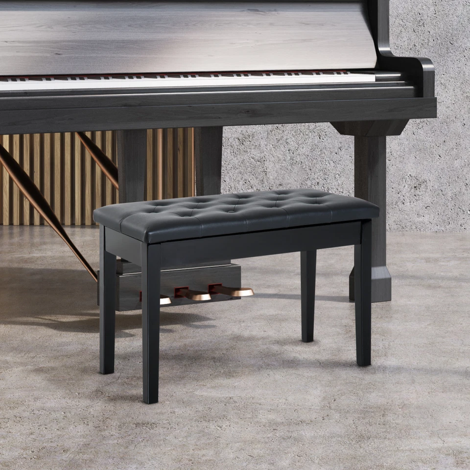 Piano Bench Solid Wood Black 76x36x50cm Padded Faux Leather Tufted Seat Storage - Image 2 of 4
