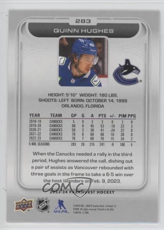 2023-24 Upper Deck Parkhurst Patterned Foil Quinn Hughes #283 - Image 2 of 2