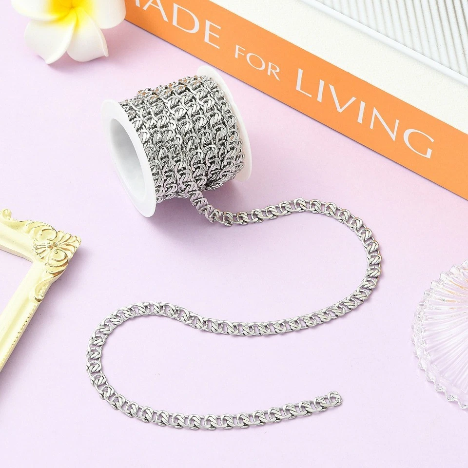 Cadenas de bordillo de 2,5 m de acero inoxidable sin soldar con carrete plateado para collar joyería Foto 4 de 4