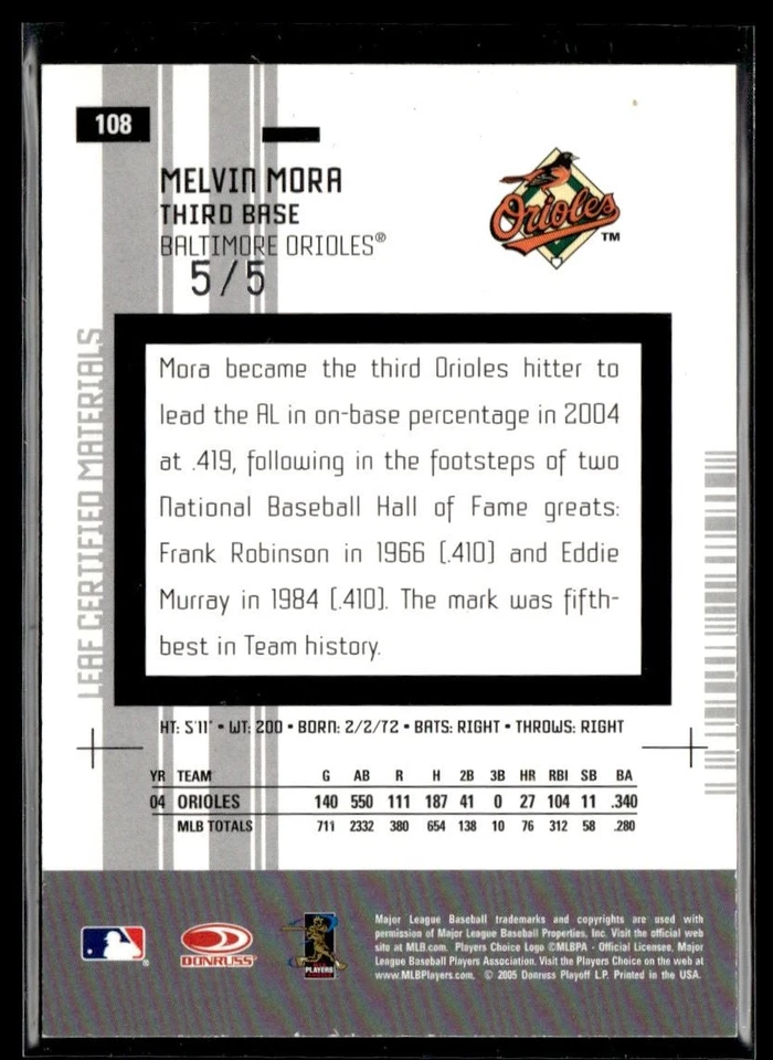 2005 Leaf 认证材料镜面白色 Melvin Mora 巴尔的摩金莺队 #108 — 第 2/2 张图片