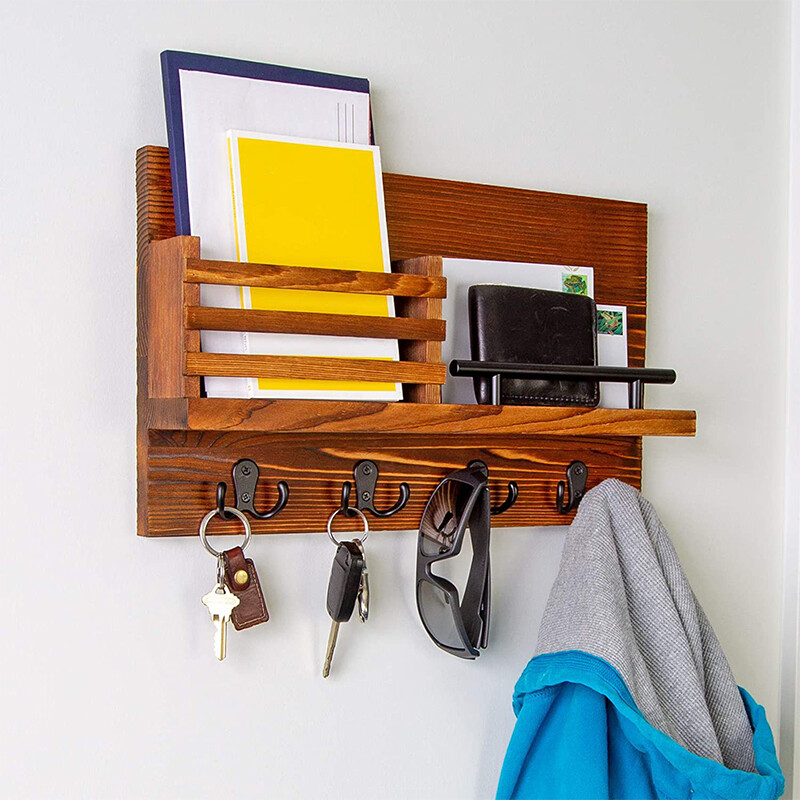 Key & Letter Mail Holder Rack BH-SJ008 Solid Wooden Shelf with Hook ...