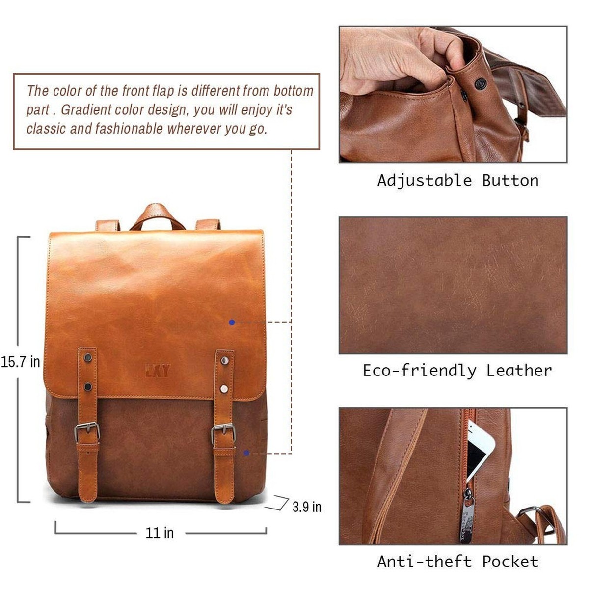 LXY Vegan Leather Backpack Vintage Laptop Bookbag for Women 