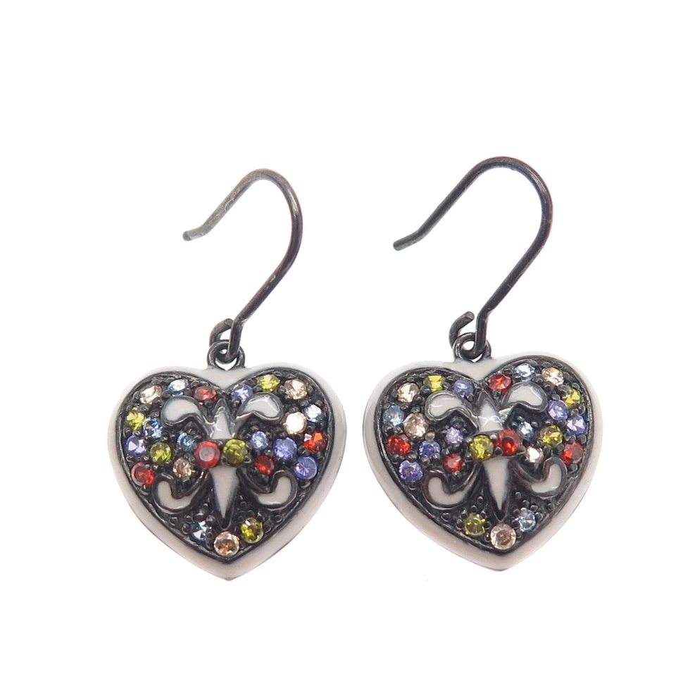 Pendientes colgantes de plata de ley 925 esmalte de rodio negro multicolor C Z corazón Foto 4 de 4