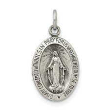Sterling Silver Antiqued Miraculous Mary Oval Medal Charm Pendant 0.79 Inch