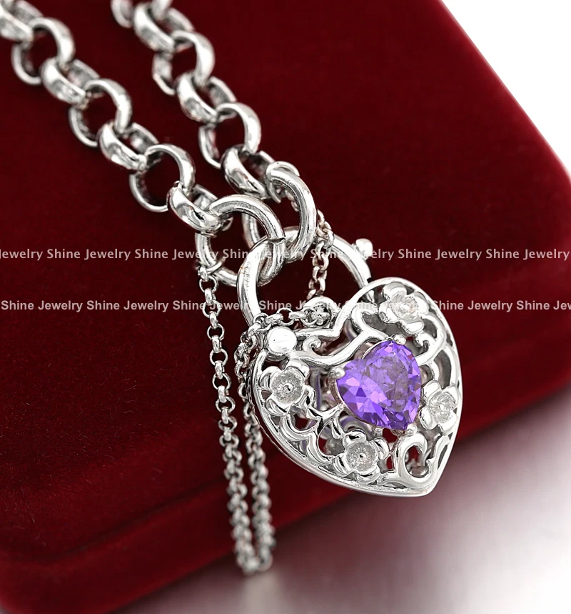18K WHITE GOLD GF PURPLE AMETHYST CRYSTAL PADLOCK BELCHER CHAIN BANGLE BRACELET Foto 4 de 4