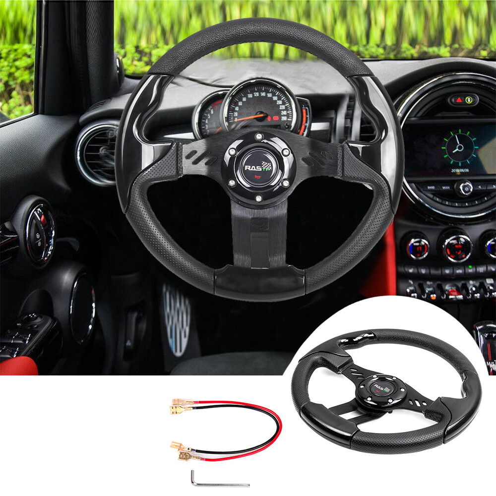 Black 13INCH Leather Racing Steering Wheel Drifting 6 Bolt Universal Flat Dish